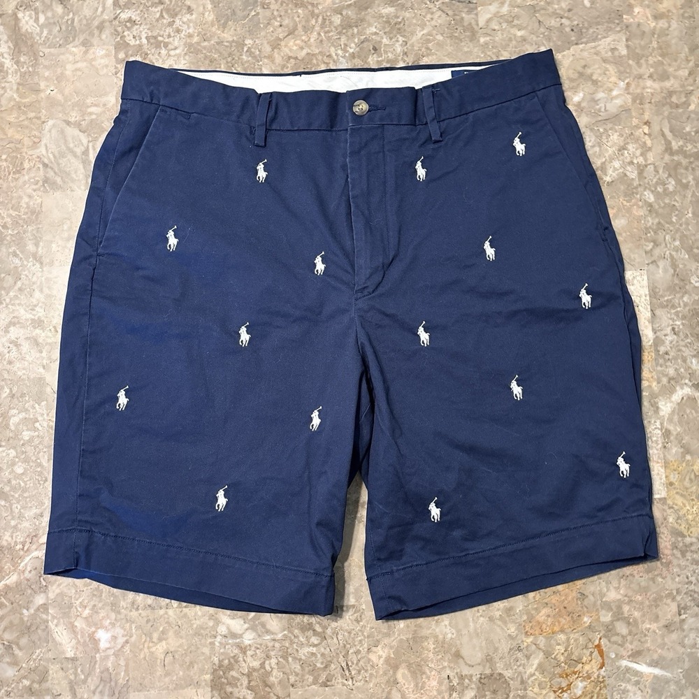 Polo Ralph Lauren Shorts Mens 34 Blue Stretch Classic Fit All Over Pony Preppy